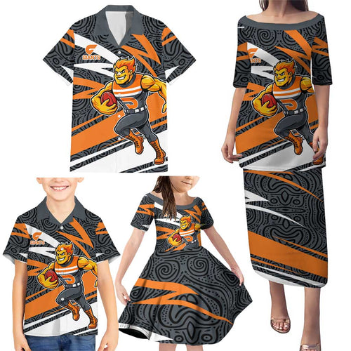 Greater Western Sydney Giants Australian Football Family Matching Puletasi and Hawaiian Shirt Athletic Hero Mascot With Indigenous Pattern Art