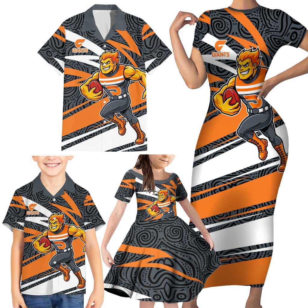 Greater Western Sydney Giants Australian Football Family Matching Short Sleeve Bodycon Dress and Hawaiian Shirt Athletic Hero Mascot With Indigenous Pattern Art