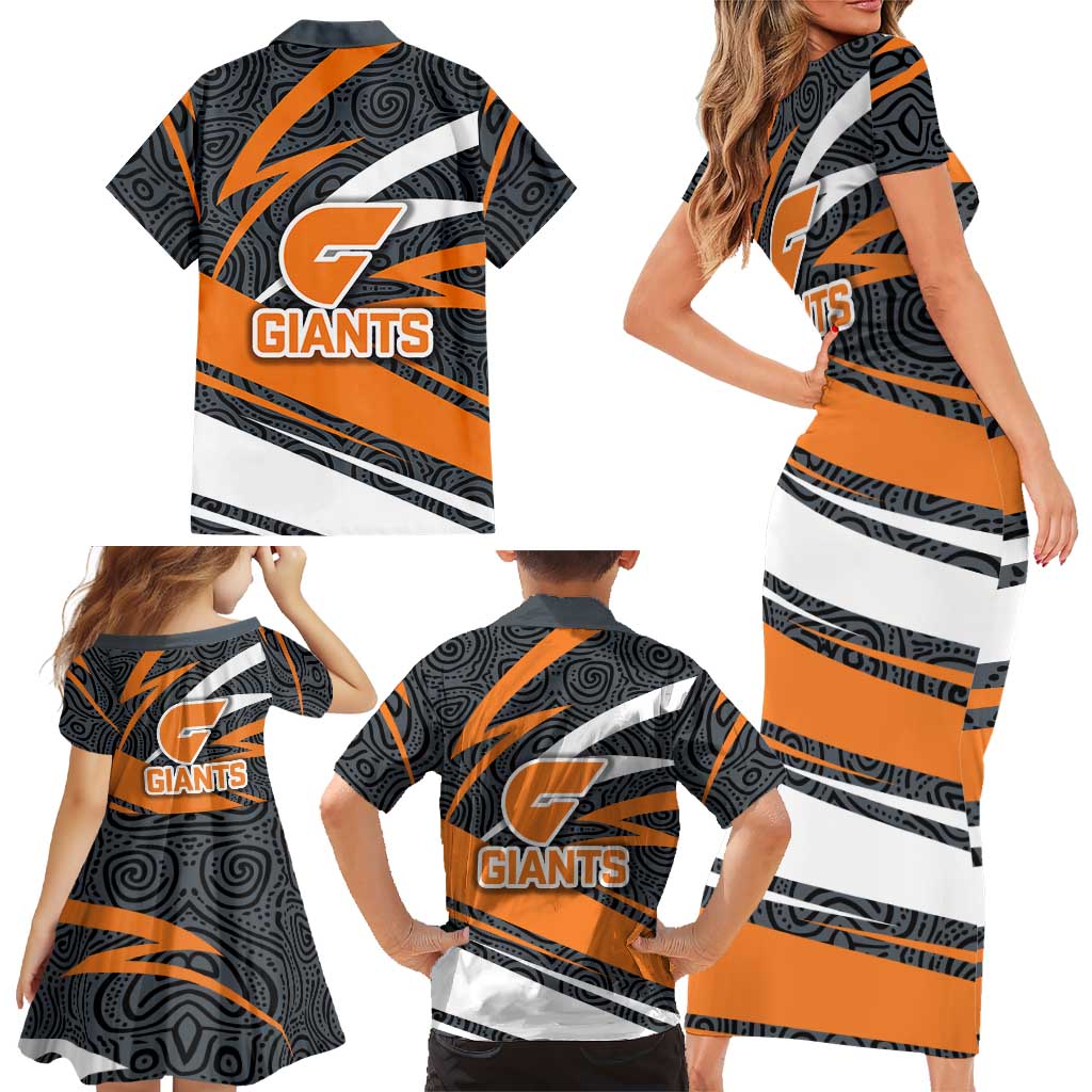 Greater Western Sydney Giants Australian Football Family Matching Short Sleeve Bodycon Dress and Hawaiian Shirt Athletic Hero Mascot With Indigenous Pattern Art