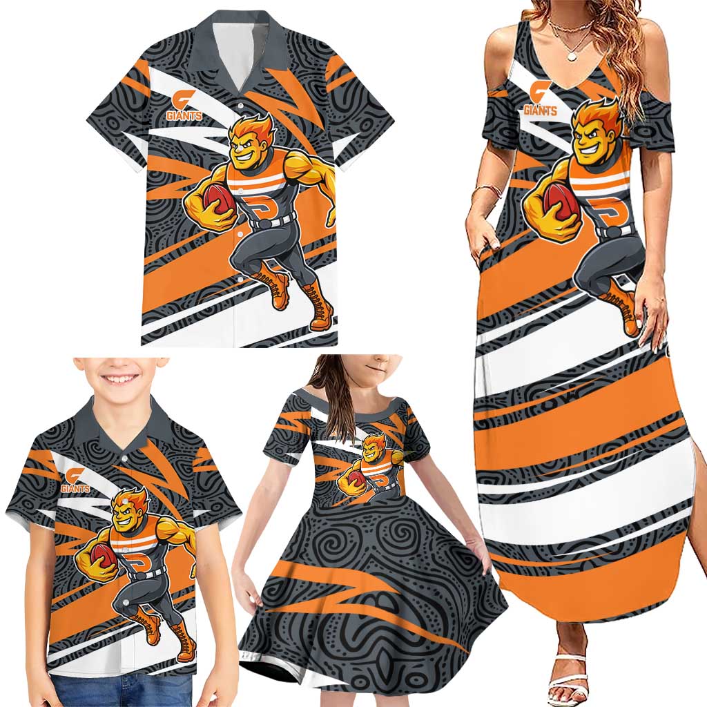 Greater Western Sydney Giants Australian Football Family Matching Summer Maxi Dress and Hawaiian Shirt Athletic Hero Mascot With Indigenous Pattern Art