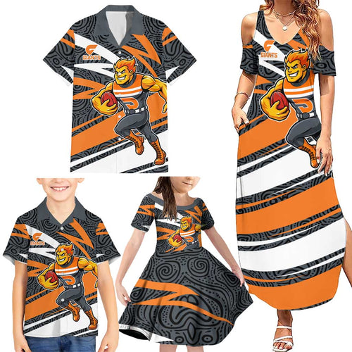 Greater Western Sydney Giants Australian Football Family Matching Summer Maxi Dress and Hawaiian Shirt Athletic Hero Mascot With Indigenous Pattern Art