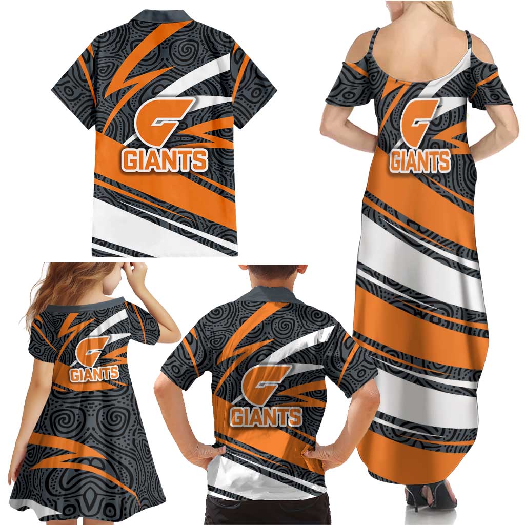 Greater Western Sydney Giants Australian Football Family Matching Summer Maxi Dress and Hawaiian Shirt Athletic Hero Mascot With Indigenous Pattern Art