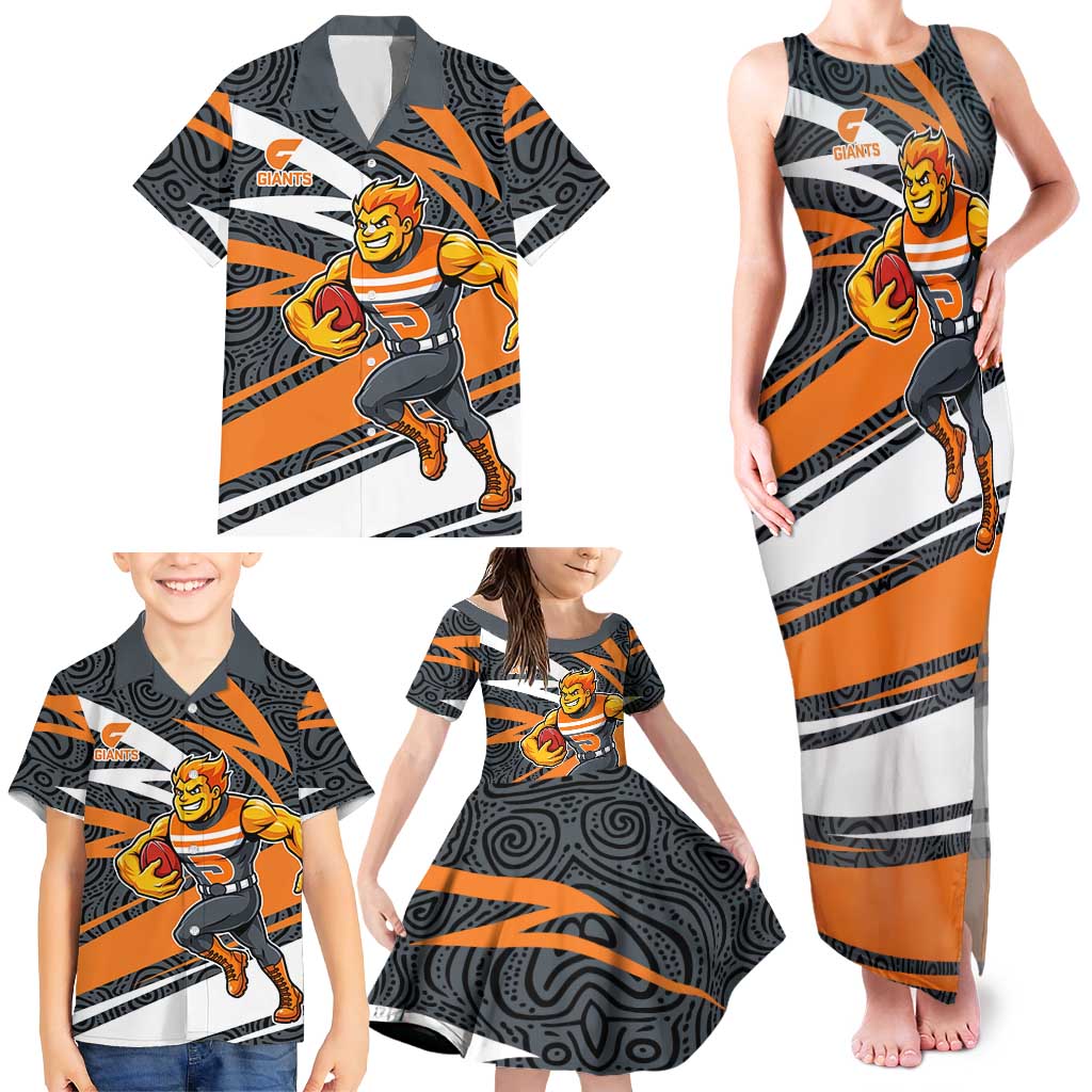 Greater Western Sydney Giants Australian Football Family Matching Tank Maxi Dress and Hawaiian Shirt Athletic Hero Mascot With Indigenous Pattern Art