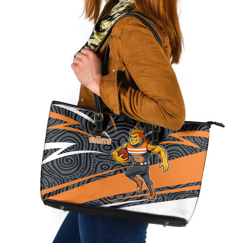 Greater Western Sydney Giants Australian Football Leather Tote Bag Athletic Hero Mascot With Indigenous Pattern Art