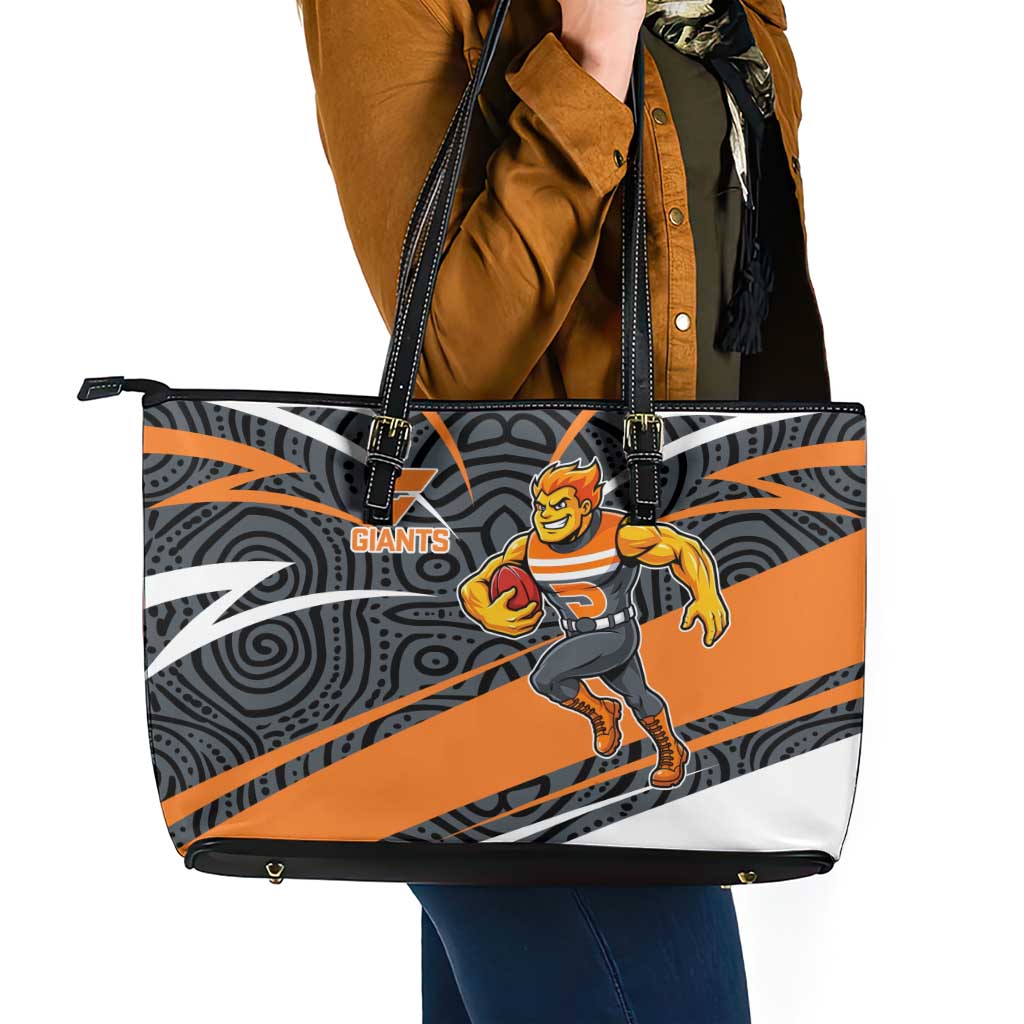 Greater Western Sydney Giants Australian Football Leather Tote Bag Athletic Hero Mascot With Indigenous Pattern Art