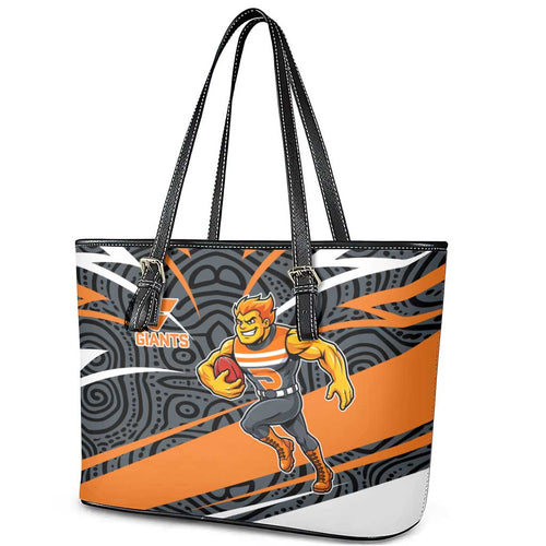 Greater Western Sydney Giants Australian Football Leather Tote Bag Athletic Hero Mascot With Indigenous Pattern Art