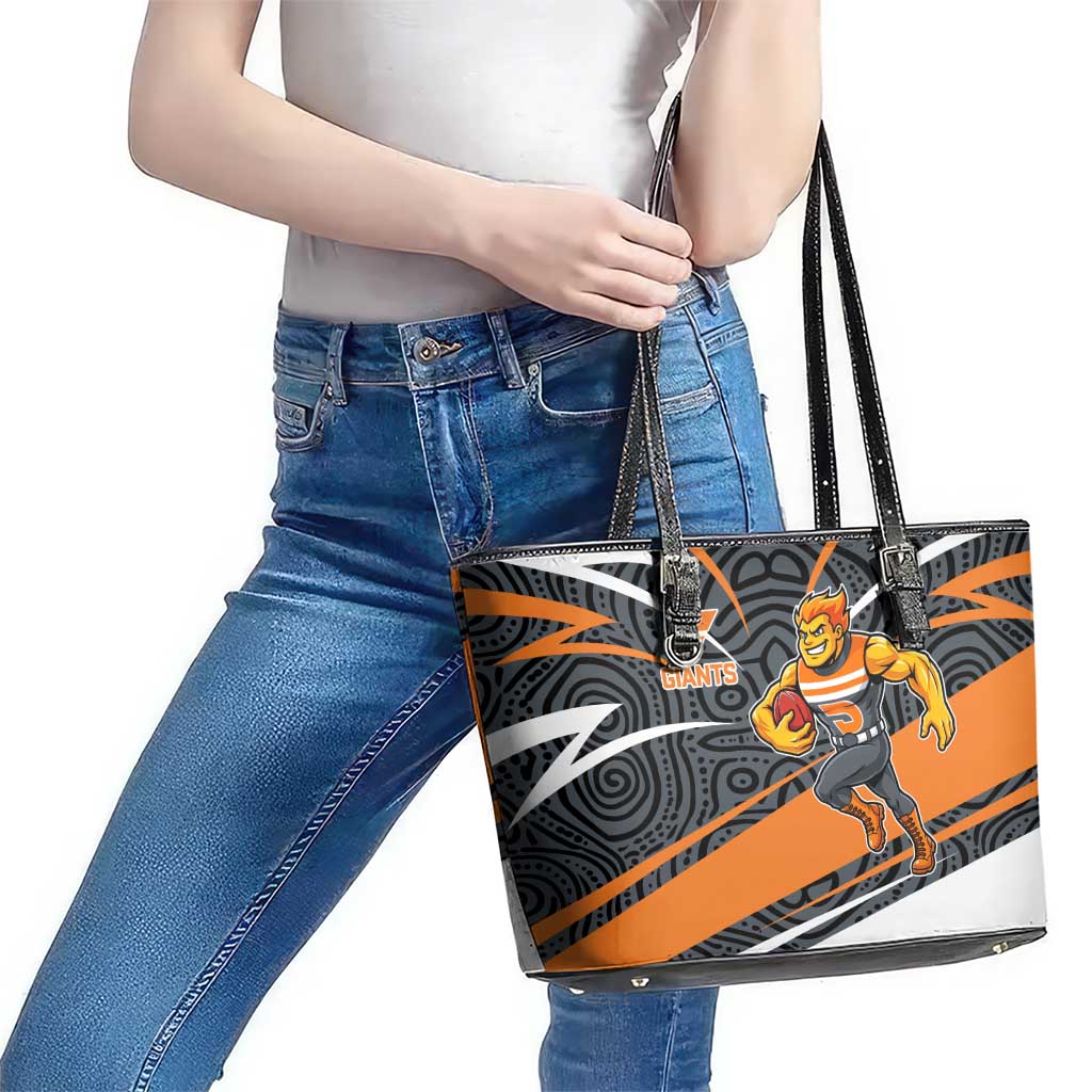 Greater Western Sydney Giants Australian Football Leather Tote Bag Athletic Hero Mascot With Indigenous Pattern Art