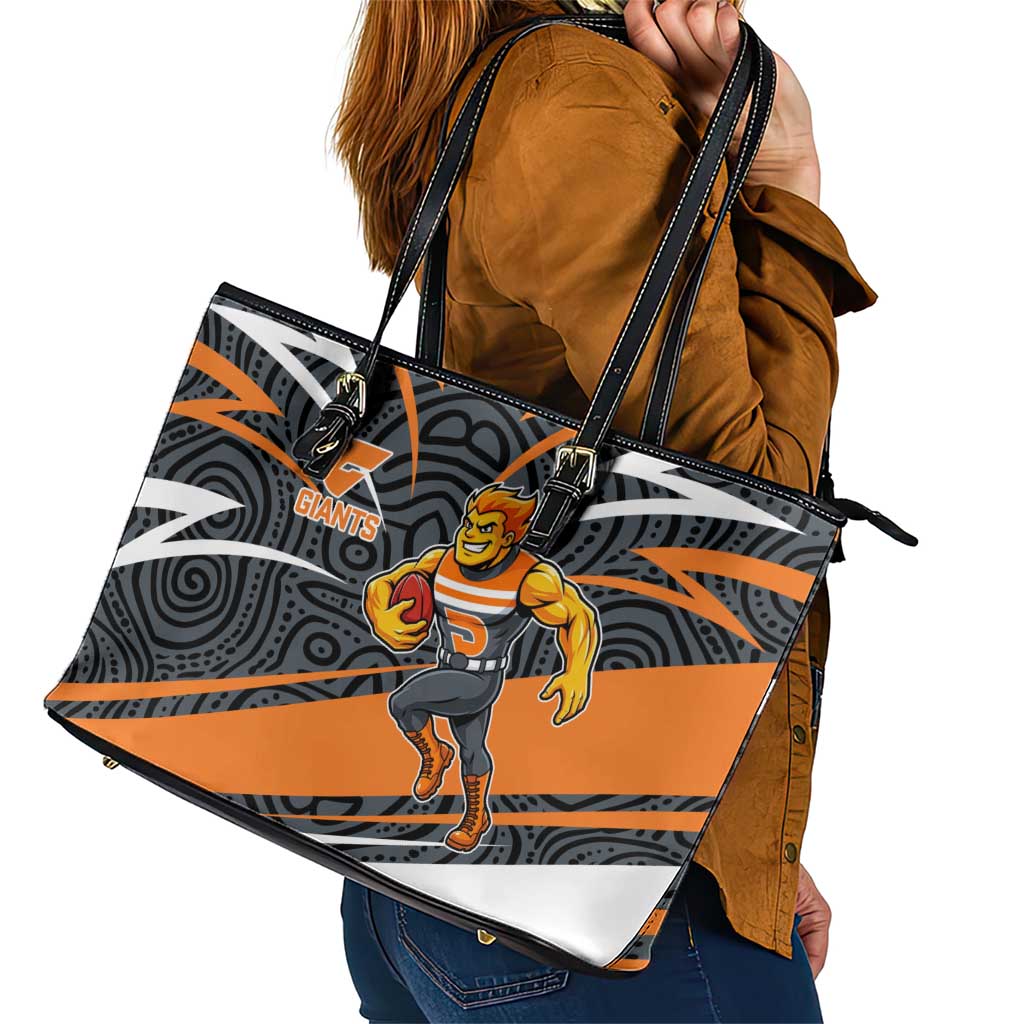 Greater Western Sydney Giants Australian Football Leather Tote Bag Athletic Hero Mascot With Indigenous Pattern Art