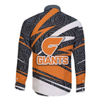 Greater Western Sydney Giants Australian Football Long Sleeve Button Shirt Athletic Hero Mascot With Indigenous Pattern Art