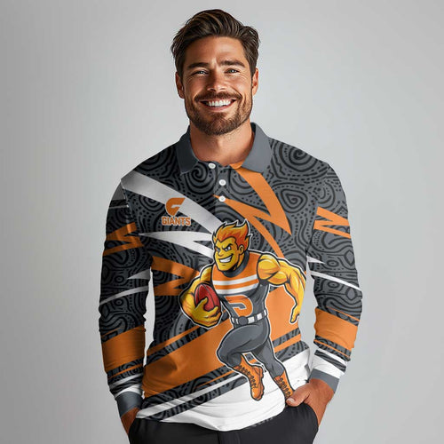 Greater Western Sydney Giants Australian Football Long Sleeve Polo Shirt Athletic Hero Mascot With Indigenous Pattern Art