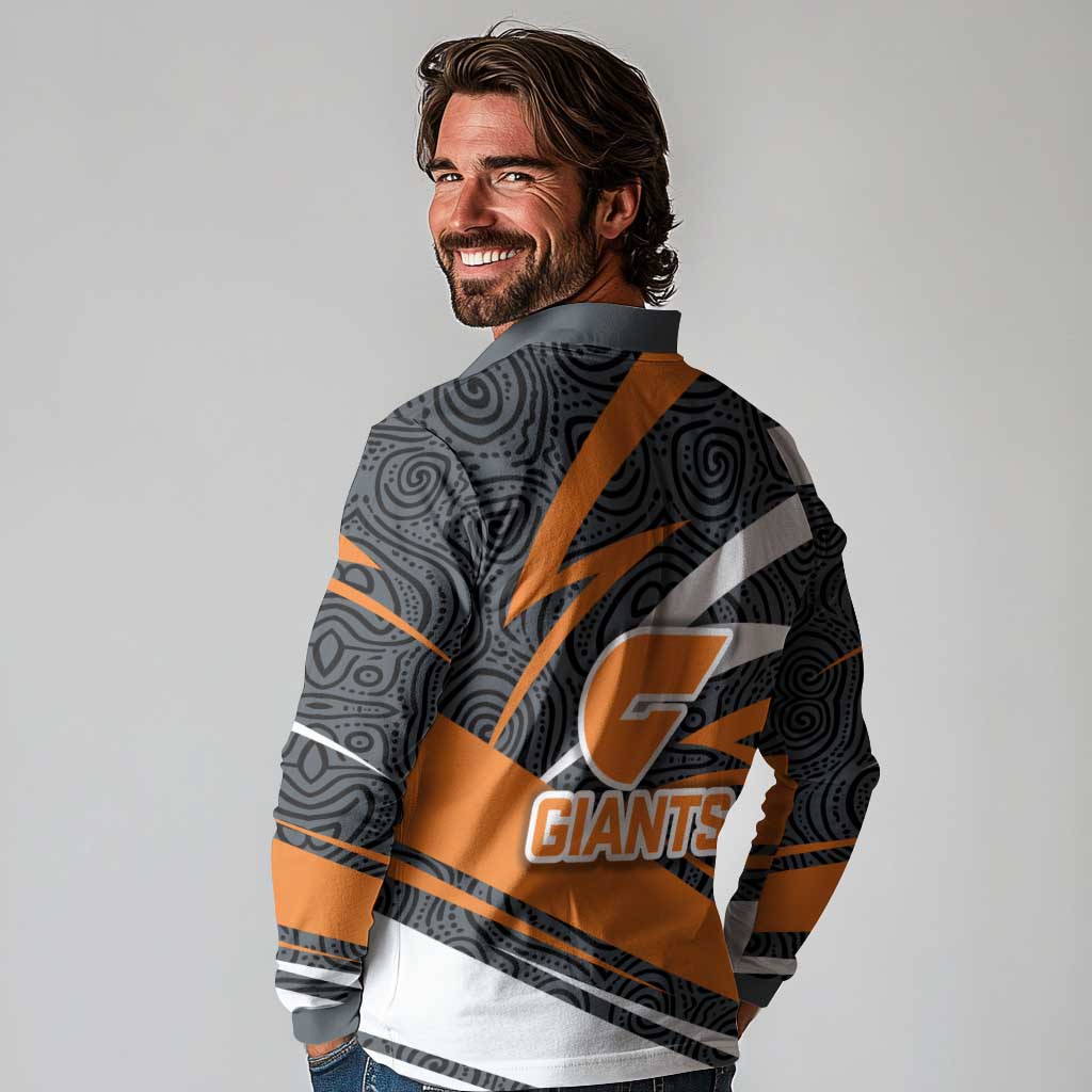 Greater Western Sydney Giants Australian Football Long Sleeve Polo Shirt Athletic Hero Mascot With Indigenous Pattern Art