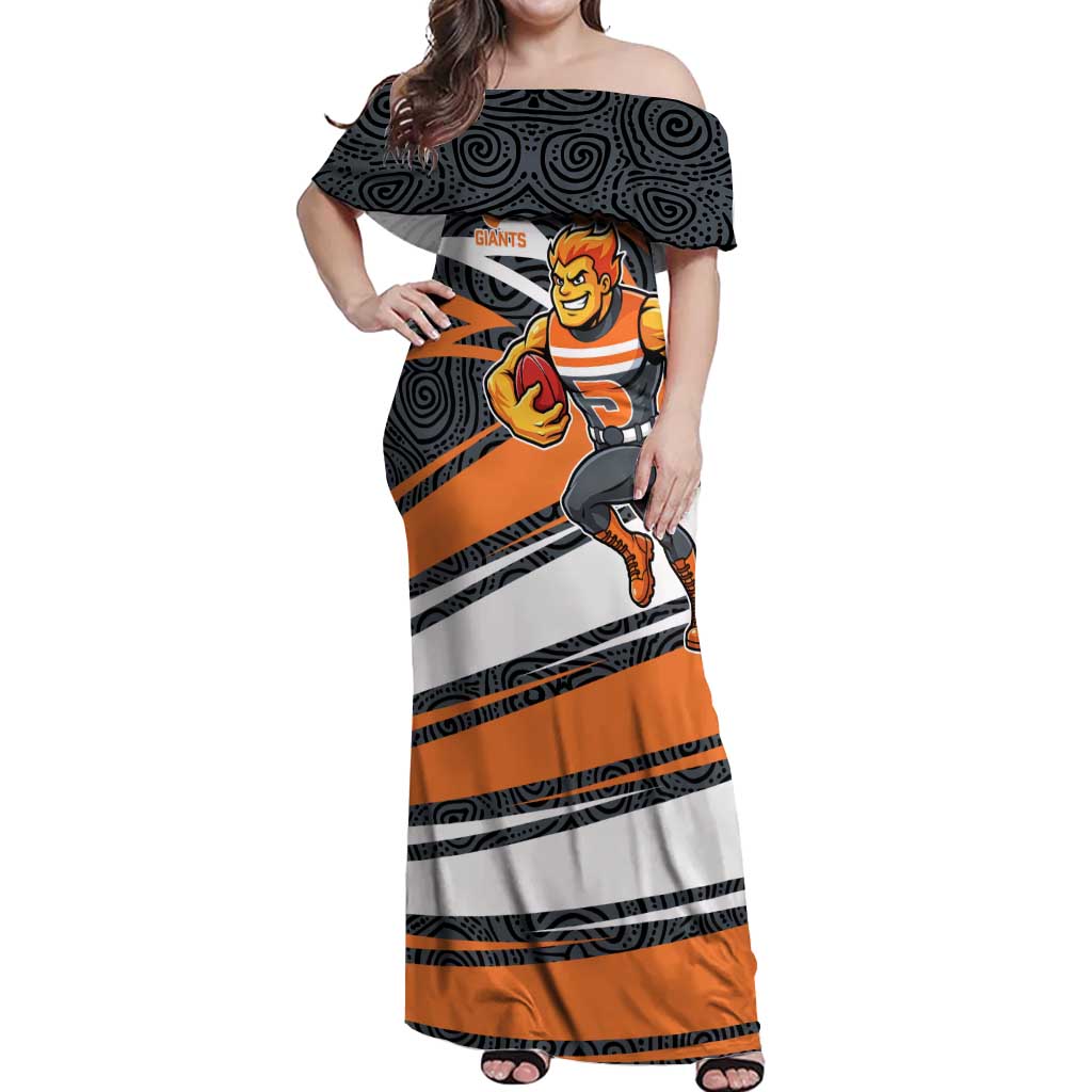 Greater Western Sydney Giants Australian Football Off Shoulder Maxi Dress Athletic Hero Mascot With Indigenous Pattern Art