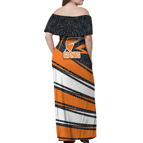 Greater Western Sydney Giants Australian Football Off Shoulder Maxi Dress Athletic Hero Mascot With Indigenous Pattern Art