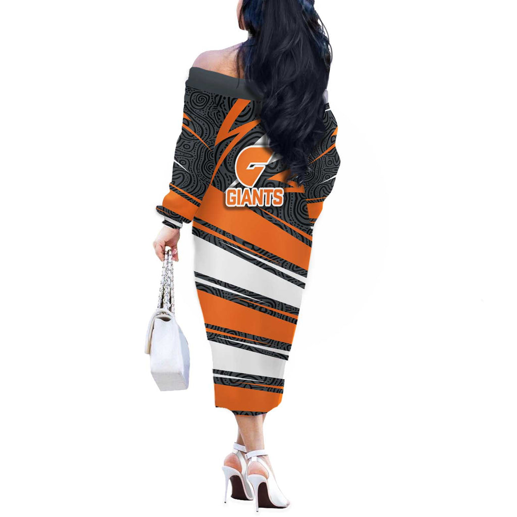 Greater Western Sydney Giants Australian Football Off The Shoulder Long Sleeve Dress Athletic Hero Mascot With Indigenous Pattern Art