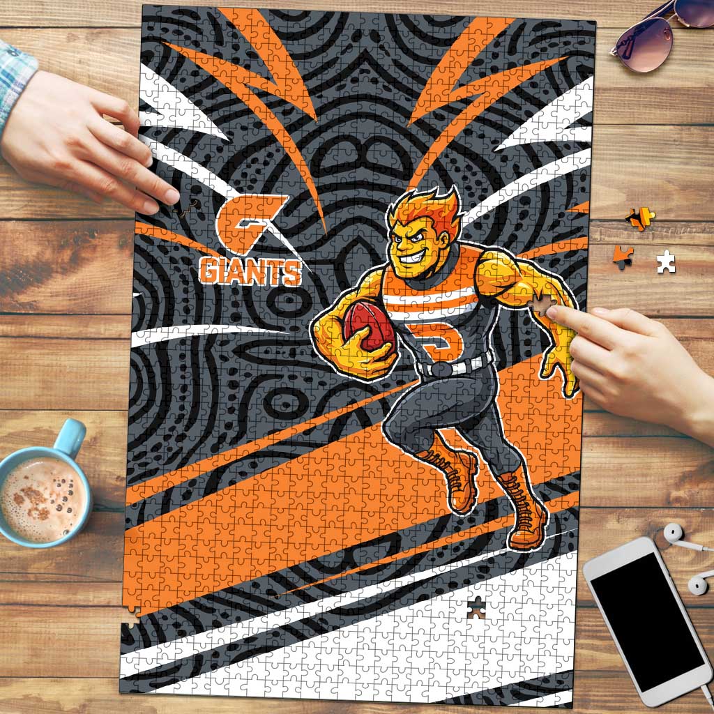 Greater Western Sydney Giants Australian Football Puzzle Athletic Hero Mascot With Indigenous Pattern Art