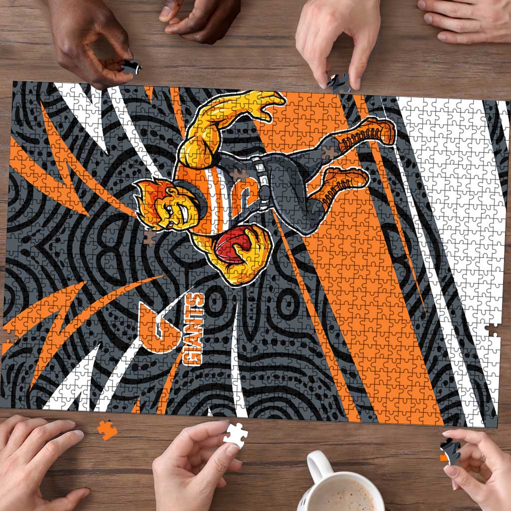 Greater Western Sydney Giants Australian Football Puzzle Athletic Hero Mascot With Indigenous Pattern Art