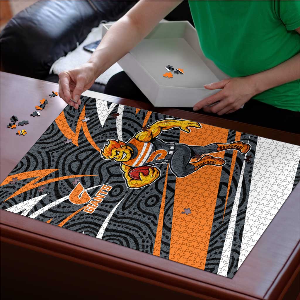 Greater Western Sydney Giants Australian Football Puzzle Athletic Hero Mascot With Indigenous Pattern Art