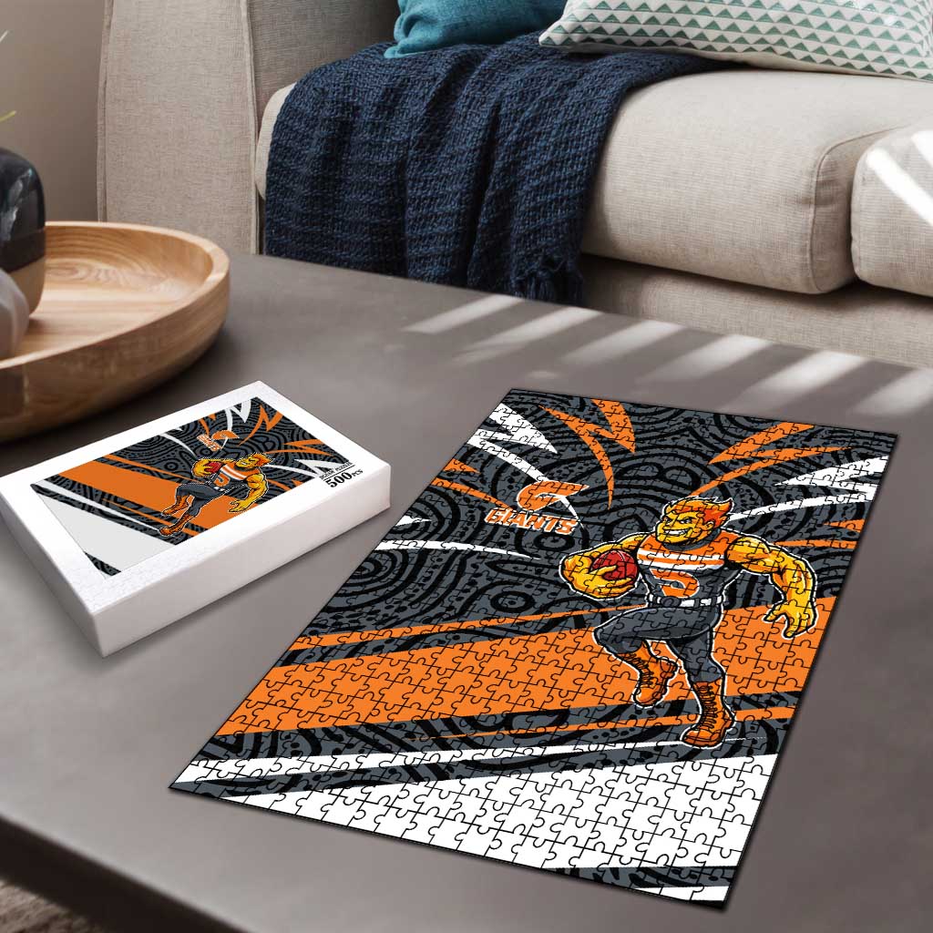 Greater Western Sydney Giants Australian Football Puzzle Athletic Hero Mascot With Indigenous Pattern Art