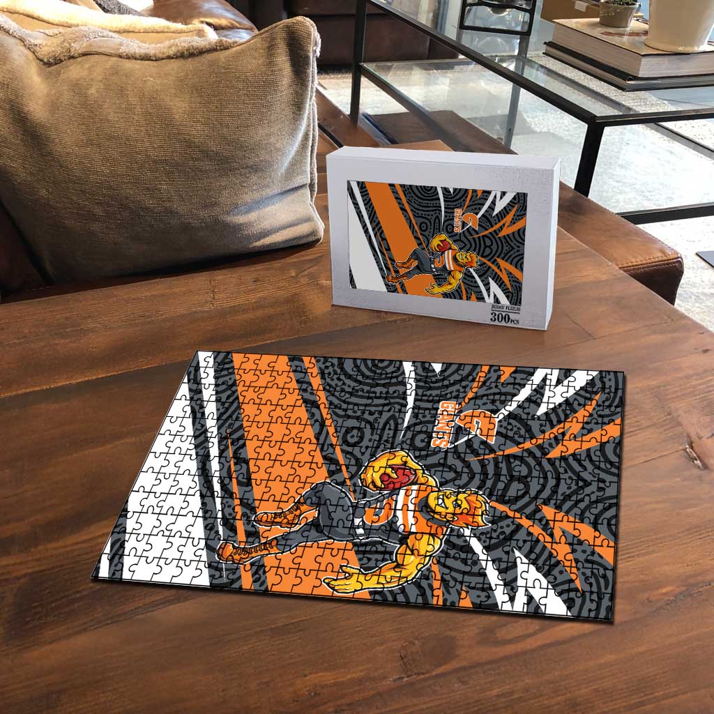 Greater Western Sydney Giants Australian Football Puzzle Athletic Hero Mascot With Indigenous Pattern Art