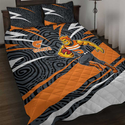 Greater Western Sydney Giants Australian Football Quilt Bed Set Athletic Hero Mascot With Indigenous Pattern Art
