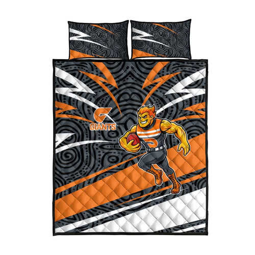 Greater Western Sydney Giants Australian Football Quilt Bed Set Athletic Hero Mascot With Indigenous Pattern Art