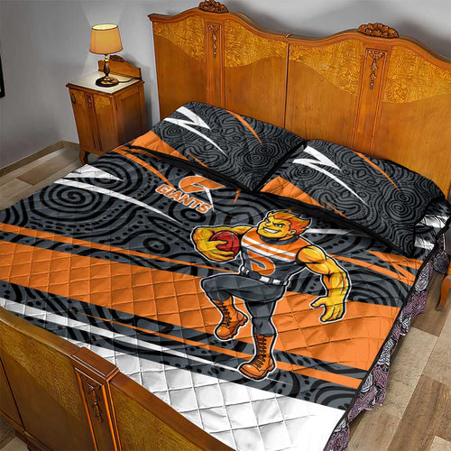 Greater Western Sydney Giants Australian Football Quilt Bed Set Athletic Hero Mascot With Indigenous Pattern Art