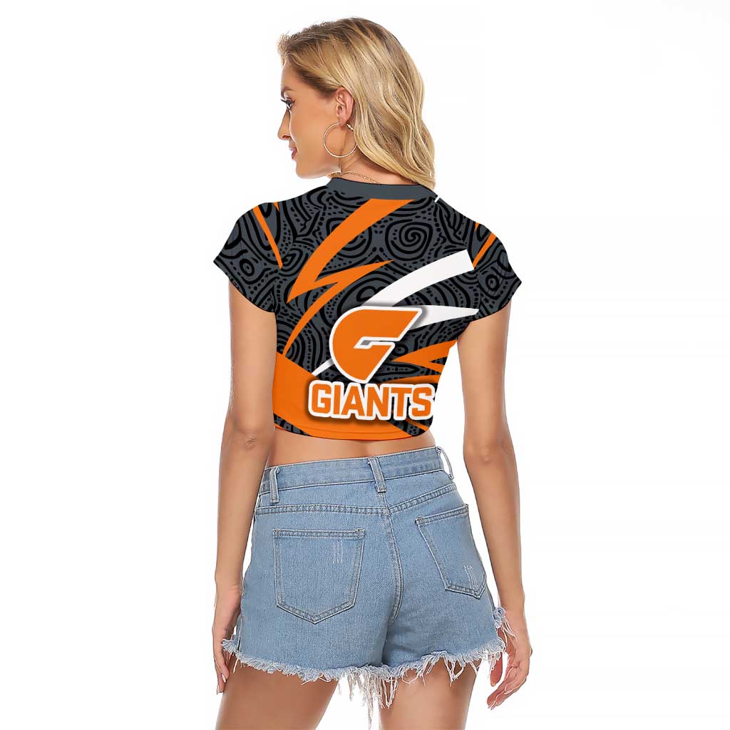 Greater Western Sydney Giants Australian Football Raglan Cropped T Shirt Athletic Hero Mascot With Indigenous Pattern Art