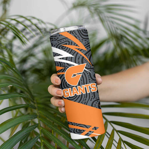 Greater Western Sydney Giants Australian Football Skinny Tumbler Athletic Hero Mascot With Indigenous Pattern Art