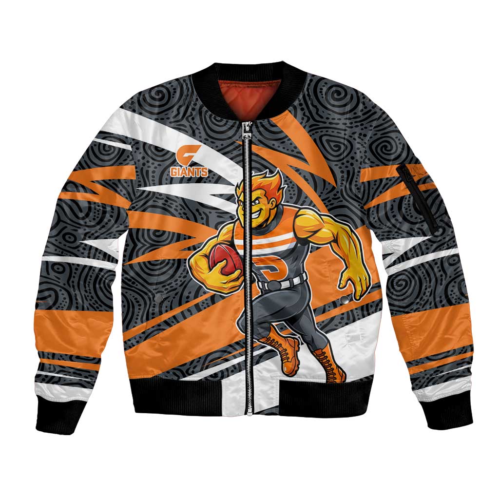Greater Western Sydney Giants Australian Football Sleeve Zip Bomber Jacket Athletic Hero Mascot With Indigenous Pattern Art