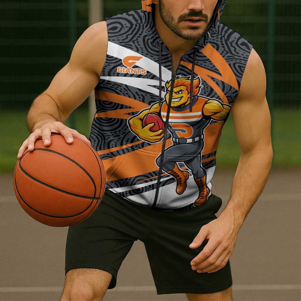 Greater Western Sydney Giants Australian Football Sleeveless Zip Hoodie Athletic Hero Mascot With Indigenous Pattern Art