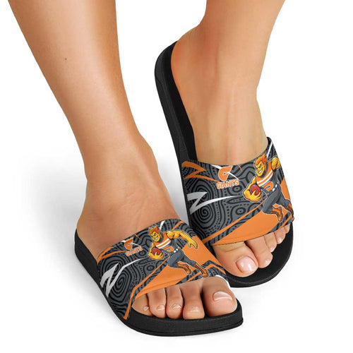 Greater Western Sydney Giants Australian Football Slide Sandals Athletic Hero Mascot With Indigenous Pattern Art