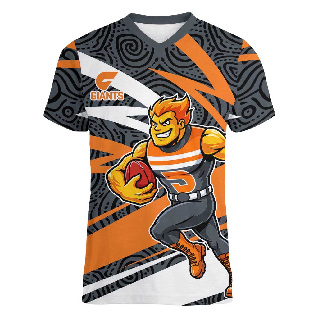 Greater Western Sydney Giants Australian Football Women V-Neck T-Shirt Athletic Hero Mascot With Indigenous Pattern Art