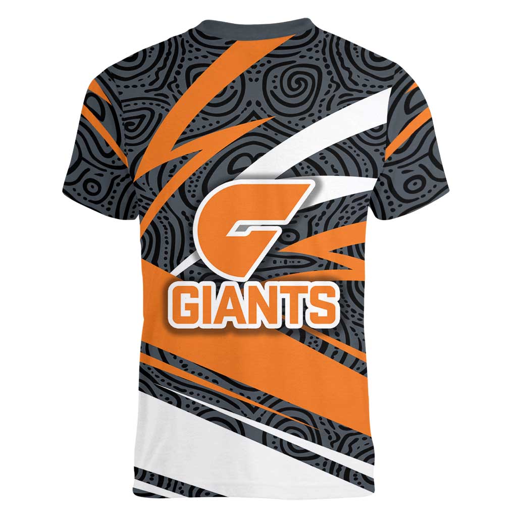 Greater Western Sydney Giants Australian Football Women V-Neck T-Shirt Athletic Hero Mascot With Indigenous Pattern Art
