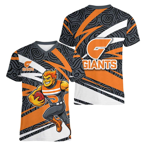 Greater Western Sydney Giants Australian Football Women V-Neck T-Shirt Athletic Hero Mascot With Indigenous Pattern Art