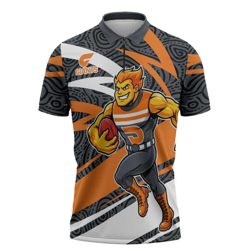 Greater Western Sydney Giants Australian Football Zipper Polo Shirt Athletic Hero Mascot With Indigenous Pattern Art