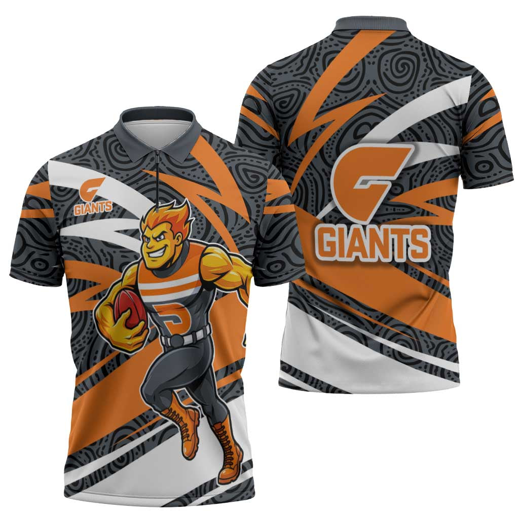 Greater Western Sydney Giants Australian Football Zipper Polo Shirt Athletic Hero Mascot With Indigenous Pattern Art