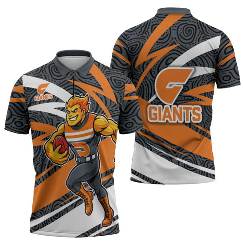 Greater Western Sydney Giants Australian Football Zipper Polo Shirt Athletic Hero Mascot With Indigenous Pattern Art