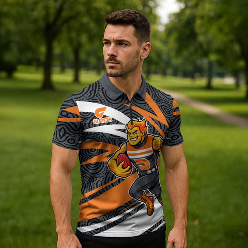 Greater Western Sydney Giants Australian Football Zipper Polo Shirt Athletic Hero Mascot With Indigenous Pattern Art