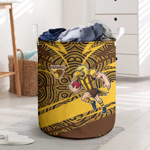 Hawthorn Hawks Australian Football Laundry Basket Fierce Bird Mascot With Indigenous Pattern Art