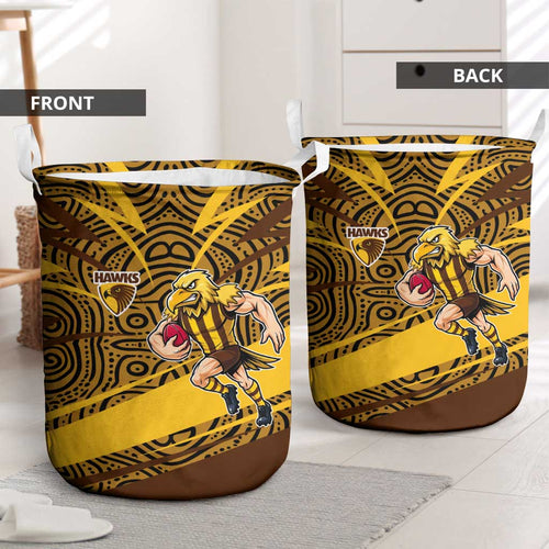 Hawthorn Hawks Australian Football Laundry Basket Fierce Bird Mascot With Indigenous Pattern Art
