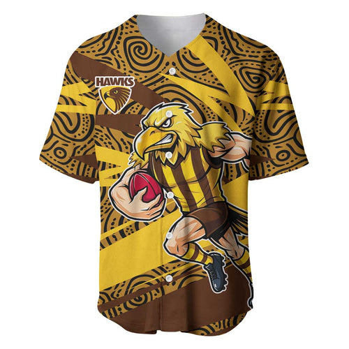 Hawthorn Hawks Australian Football Baseball Jersey Fierce Bird Mascot With Indigenous Pattern Art