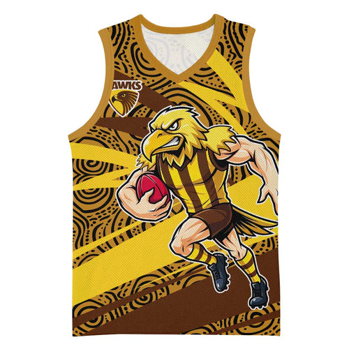 Hawthorn Hawks Australian Football Basketball Jersey Fierce Bird Mascot With Indigenous Pattern Art