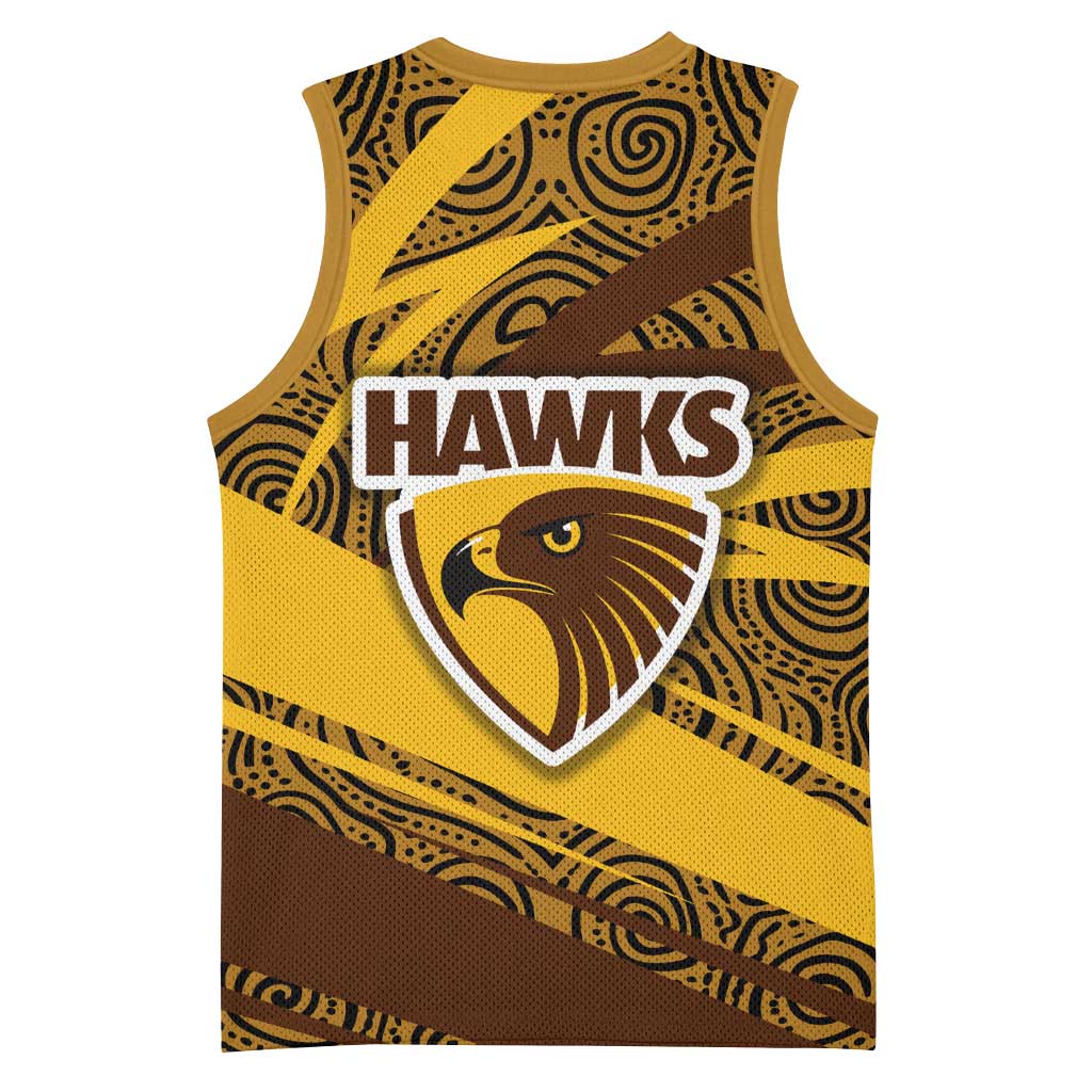 Hawthorn Hawks Australian Football Basketball Jersey Fierce Bird Mascot With Indigenous Pattern Art