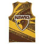 Hawthorn Hawks Australian Football Basketball Jersey Fierce Bird Mascot With Indigenous Pattern Art