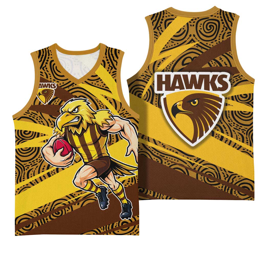 Hawthorn Hawks Australian Football Basketball Jersey Fierce Bird Mascot With Indigenous Pattern Art