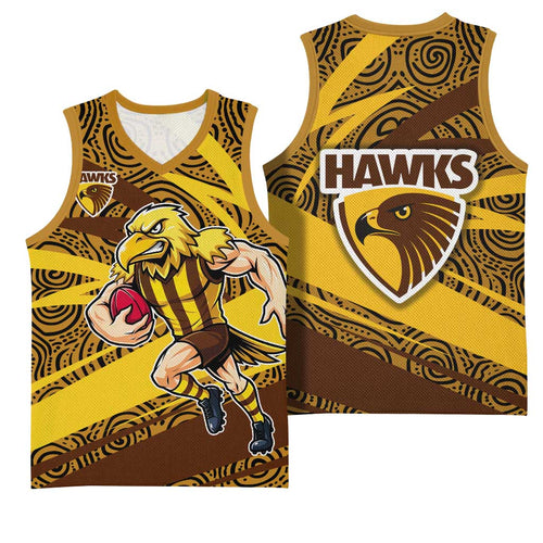 Hawthorn Hawks Australian Football Basketball Jersey Fierce Bird Mascot With Indigenous Pattern Art