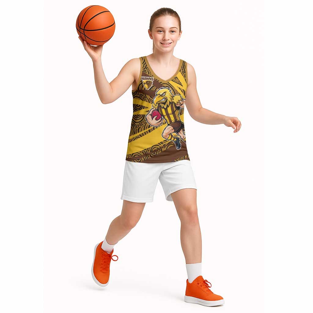 Hawthorn Hawks Australian Football Basketball Jersey Fierce Bird Mascot With Indigenous Pattern Art