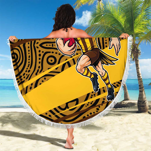 Hawthorn Hawks Australian Football Beach Blanket Fierce Bird Mascot With Indigenous Pattern Art