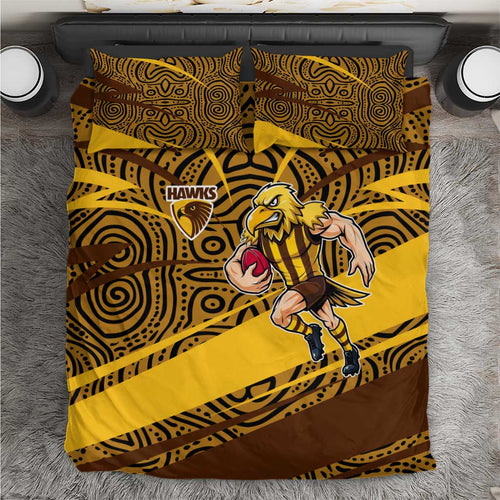 Hawthorn Hawks Australian Football Bedding Set Fierce Bird Mascot With Indigenous Pattern Art