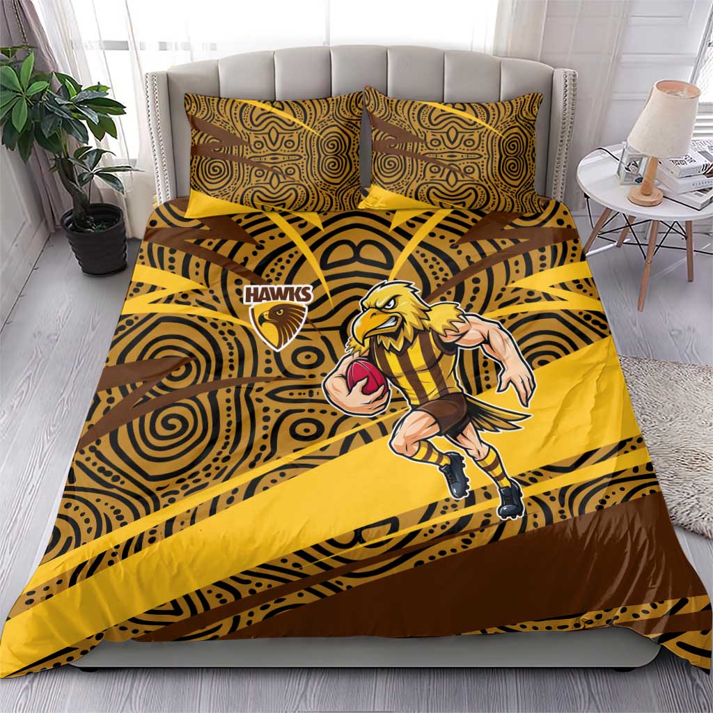 Hawthorn Hawks Australian Football Bedding Set Fierce Bird Mascot With Indigenous Pattern Art